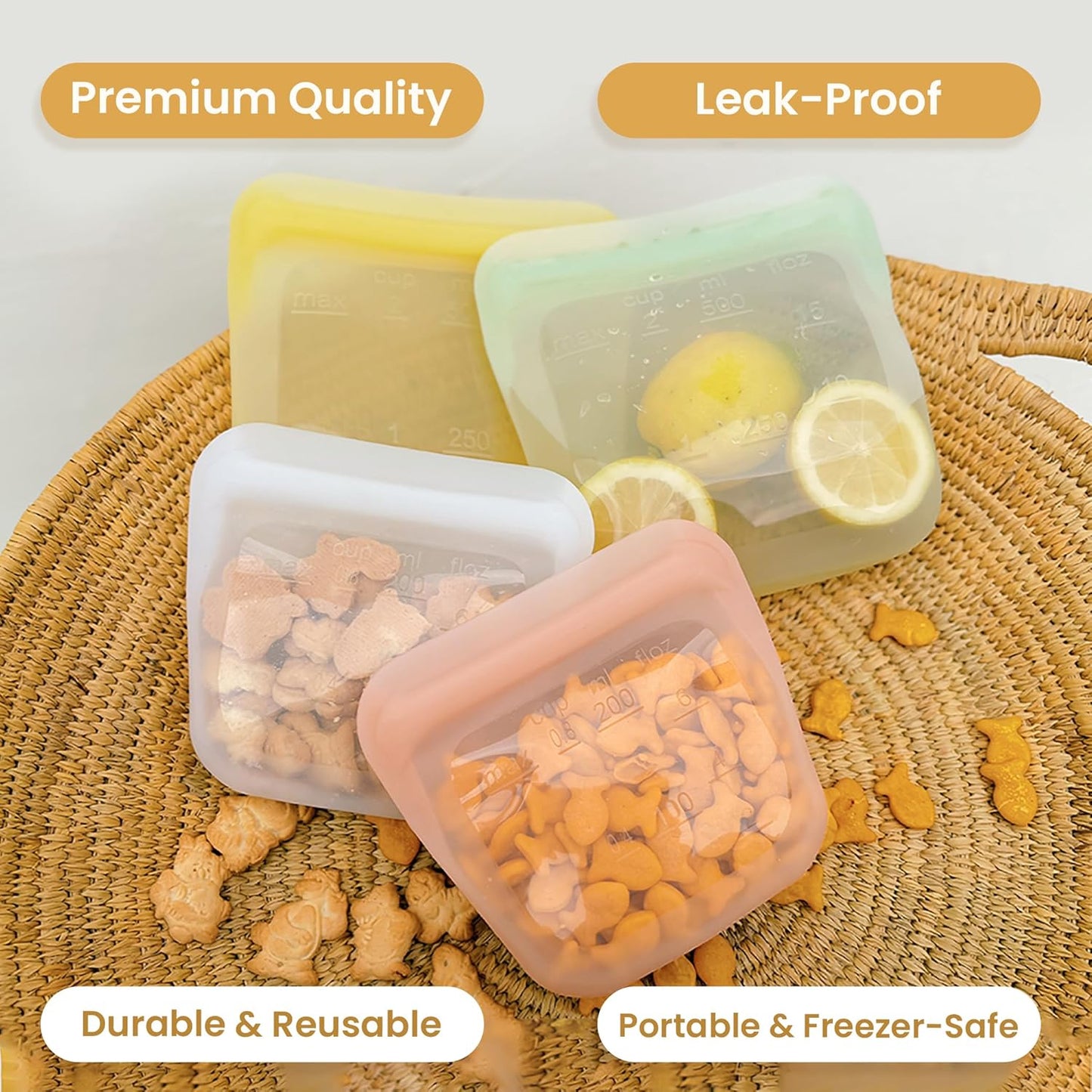 purifyou Set of 5 Reusable Silicone Storage Snack Bags 6oz / 16oz / 32oz / 64oz Self-Seal Food Storage Container for Fruits, Vegetables, Sandwiches, Dishwasher Safe & Leak-free (PastelYellow, 16oz)