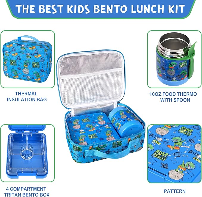 Pawtong Bento Lunch Box Set With 10oz Soup Thermo, Leak-proof Lunch Containers with 4 Compartment, Kids Hot Thermo Food Jar/Insulation Lunch Bag, Food Containers for School（Dinosaur）