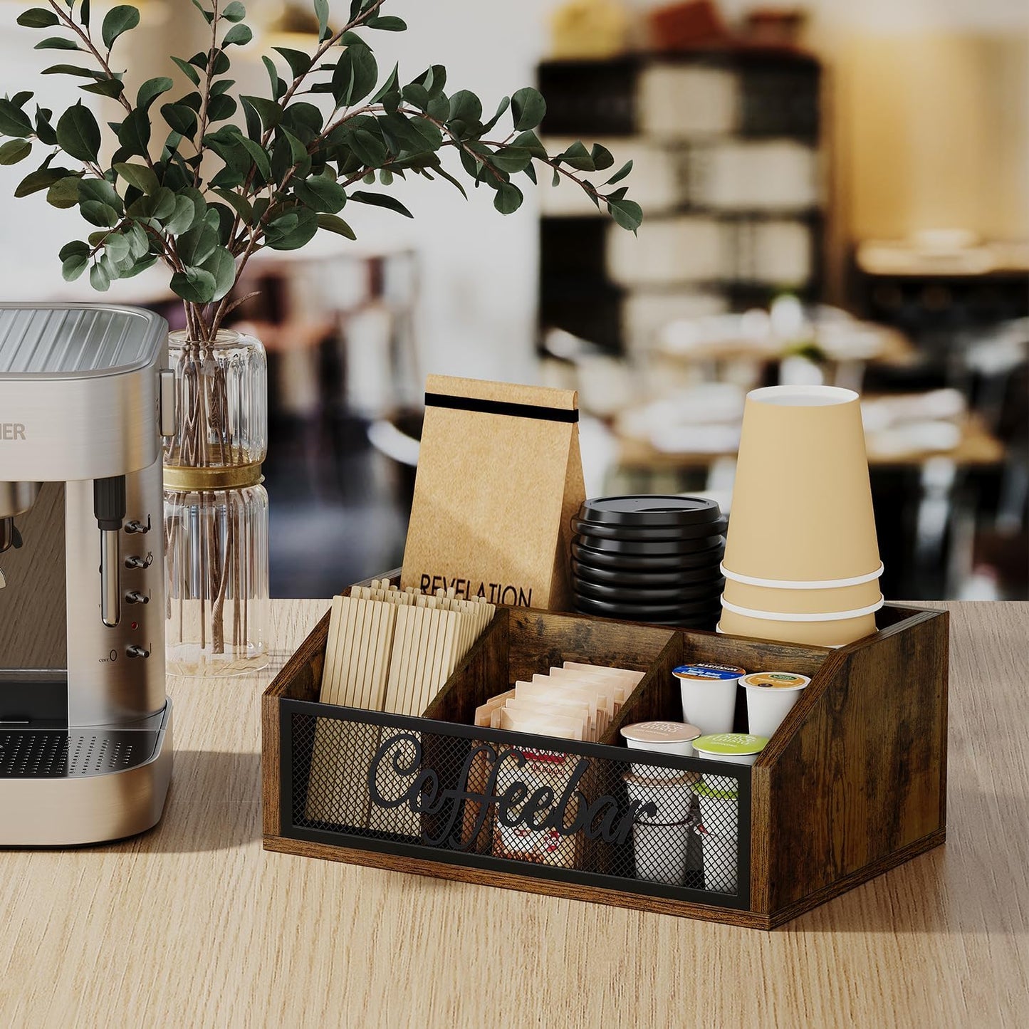 YINMIT Coffee Station Organizer for Countertop, Wood Coffee Bar Organizer with Removable Dividers for Pods, Syrup, Cups, Stirrer, Tea - Office Coffee Bar Accessories