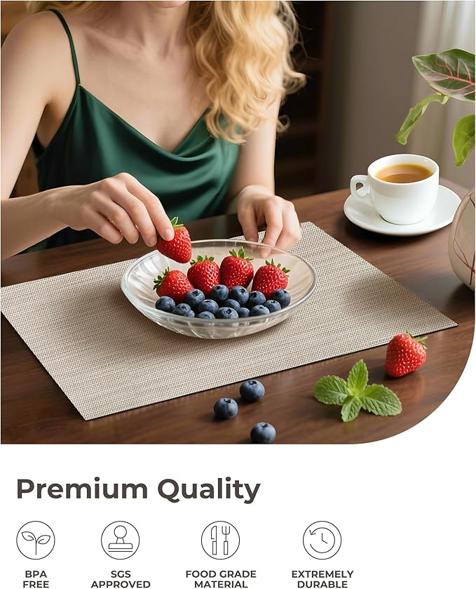 Leetaltree Beige White Placemats Set of 16 - Heat Resistant Non-Slip Place mats for Dining Table, Washable Durable PVC Vinyl Woven Table Mats(Beige White, 16)