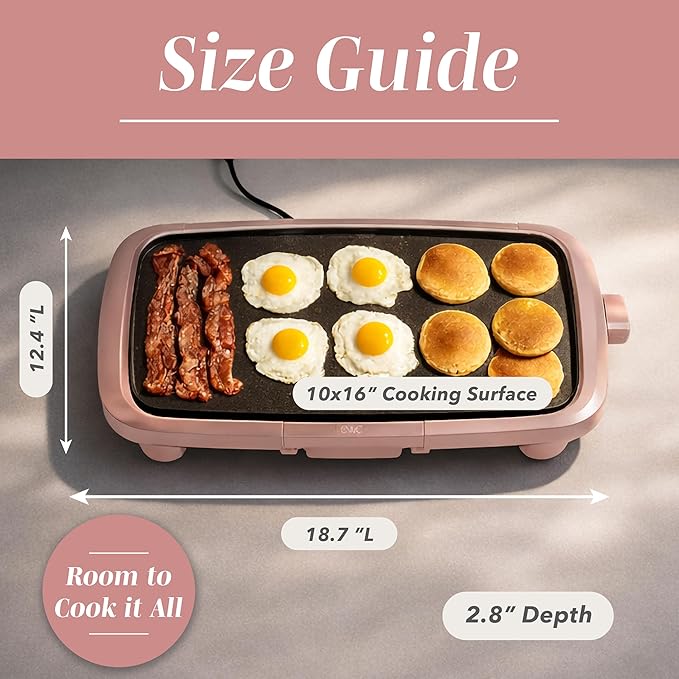 COOK WITH COLOR Electric Griddle 1200W, Nonstick Surface for Pancakes, Burgers, Eggs & More, Removable Temperature Control, Slide-Out Drip Tray, 10" x 16" Cooking Area, Dusty Rose