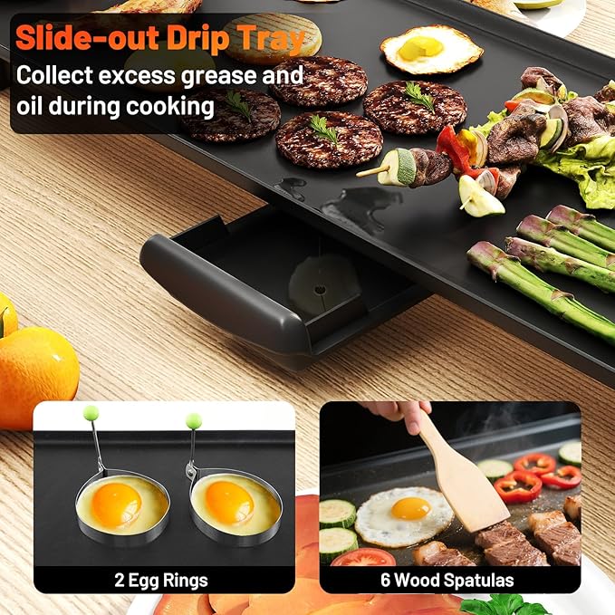 39.5” Electric Griddle, Nonstick Extra Large Teppanyaki Grill with Adjustable Temperature, Drip Pan & Insulated Handles, Easy-to-clean Pancake Griddle, BBQ Grill for Indoor & Party