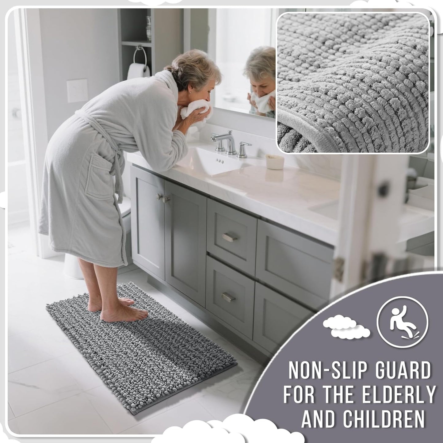 Yimobra Bathroom Runner Rug 55x24 Inch - Extra Long Non Slip Chenille Bath Mat, Soft & Absorbent, Machine Washable Shaggy Hallway Carpet for Vanity Tub Shower, Gray Home Decor Accessories