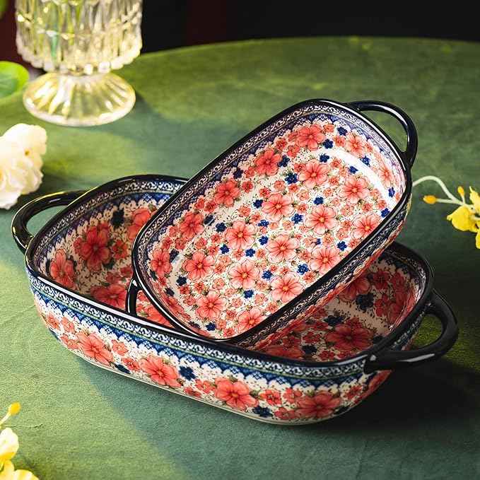Baking Dish Ceramic Baking Pan Blue Casserole Dish Porcelain rectangular Baking Set 2pcs Bakeware Sets single serving size Lasagna Pan Baking Dishes for oven(Pum flower)