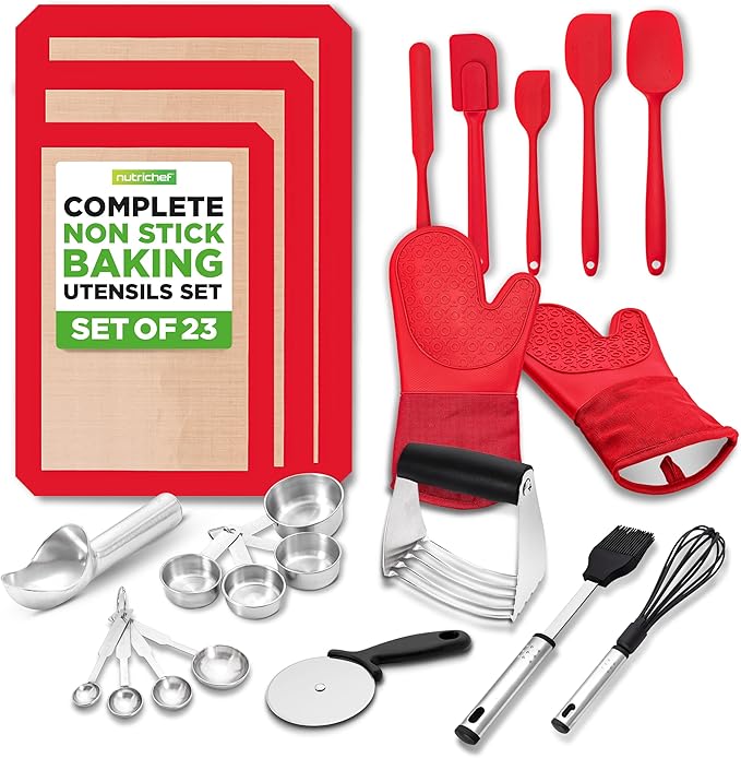 NutriChef 23-Piece Essential Baking Utensils Set – Measuring Cups and Spoons, Scraper, Oven Mitts, Whisk, Silicone Baking Mats and More - Dishwasher Safe, Perfect for Baking and Cooking (Black)