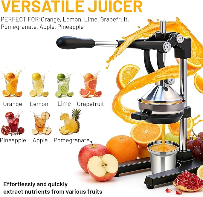Cast Iron Juicer Hand Press for Citrus Fruits,Pomegranates,Grapefruits,Heavy-Duty Cast Iron Juicer,Lemon Squeezer Manual,with Stainless Steel Cup,Easy to Use & Clean（Black）