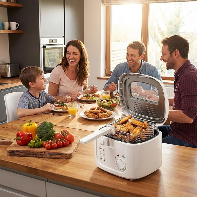 KEINVE 1500W Electric Deep Fryer with 3 Temperature Settings, 2.5L Oil Fryer with Non-Stick Basket & Viewing Window, Folding Handle and Locking Cover for Easy Storage, White