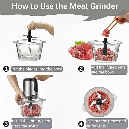 Simple Deluxe Food Processor, 450W Electric Food Chopper with 2 Bowls (8 Cup+8 Cup) & 2 Bi-Level Blades, Small Electric Meat Grinder Processor for Nuts, Fruits, Meat, Vegetable, Baby Food, Silver