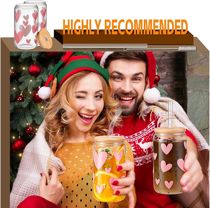 DWTS DANWEITESI Glass Cups with Lids and Straws with Design Pink Hearts 4 pcs,Clear Glass Cups 16 oz-Glass Tumbler,Cute Glass Iced Coffee Cups with Lids and Straws