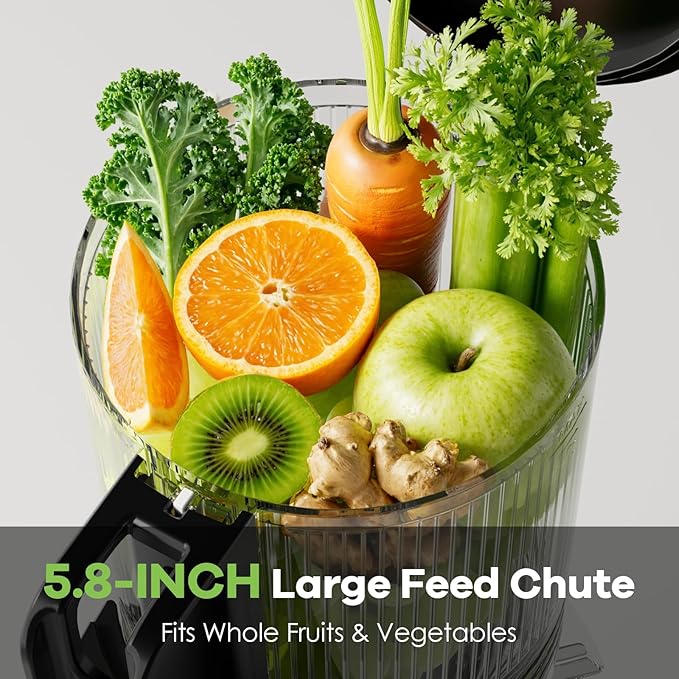 EanOruus Cold Press Juicer, 5.8" Wide Feed Chute Juice Extractor Machine with 400W, High Juice Yield, Slow Masticating Juicer for Whole Vegetables & Fruits, Textured black