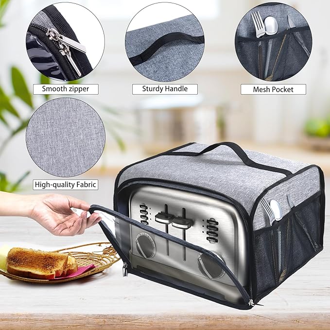 Toaster Cover with Base for 4 Slice Wide Slot, Dust Covers Compatible with Cuisinart 4 Slices, Toaster Bags with Zipper Closure (Cover Only)