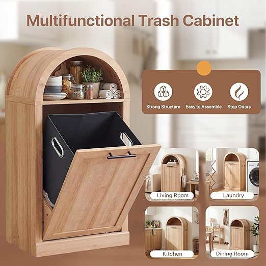 Arched Tilt-Out Trash Can Cabinet Set of 2,Laundry Hamper Cabinet with Foldable Laundry Basket,Wooden Hidden Garbage Can Cabinets with Metal Handle & Hooks,Natural