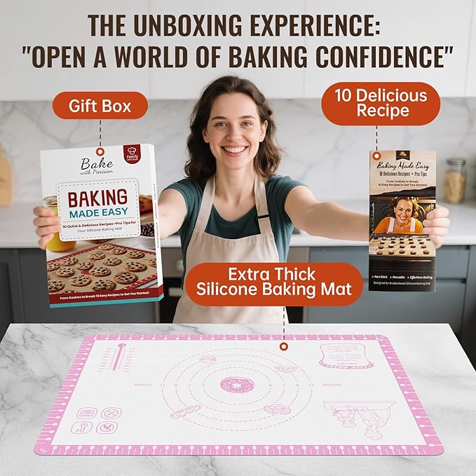 Non Slip Silicone Pastry Mat With 10 Useful Recipes, Non Stick Dough Mat for Rolling Out, Silicone Mat for Baking,Cookie, Macaron, Pizza, Surdough, Extra Large and Oven Safe