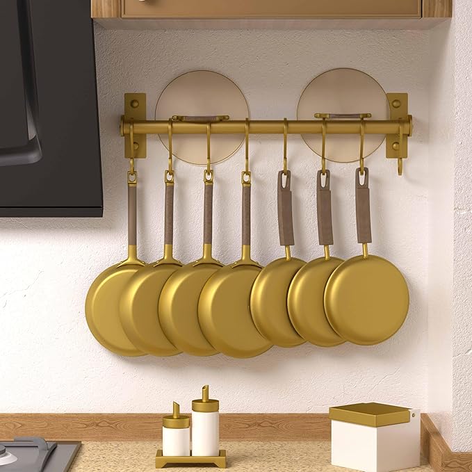 Dseap Kitchen Utensil Holder Hanger, Pot and Pan Rack Wall Mounted, Kitchen Rail with 8 Hooks for Hanging Cooking Utensils, Mugs, Spoons, Wall Mounted, Gold, Pack of 2