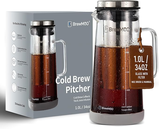 Cold Brew Coffee Maker Pitcher, 1.0L/34Oz Airtight Borosilicate Glass Carafe with 150 Mesh Precision Filter | Barista Grade Iced Coffee Maker, Integrated Glass Handle & Non Slip Base (Grey)