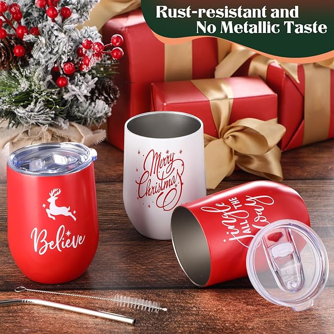 Uiifan 10 Pack Christmas Tumblers Gifts 12 Oz Xmas Funny Tumbler Christmas Stainless Steel Coffee Mugs Set Xmas Insulated Travel Cup with Straw Lid for Family Xmased Holiday Gift (Red White)