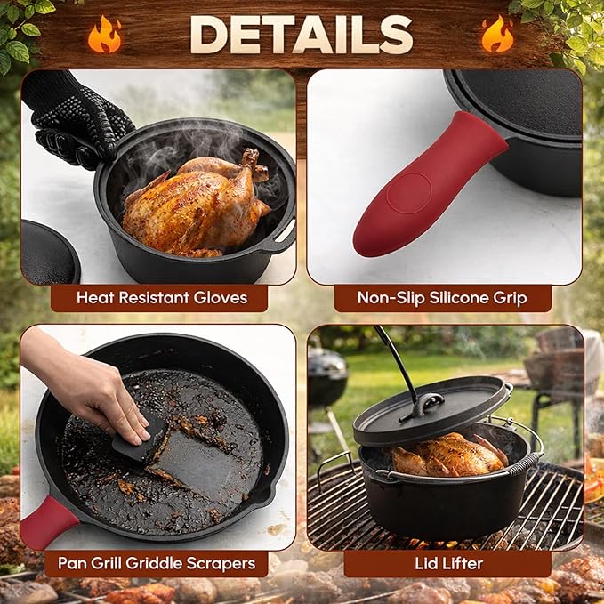 Geetery 15 Pcs Pre-seasoned Cast Iron Cookware Set, Dutch Oven Camping Accessories Kit with Skillet, Pan, Pot, Gloves, Lid Lifter, Storage Bag, Scrubber for Kitchen Ourdoor Campfire Grill BBQ Cookware