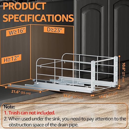 Double Pull Out Trash Can Under Cabinet with Soft Close Slides 130LB Heavy Duty Under Sink Trash Bin Kit with Door or Base Mount, Fits 16" W x 23" D Cabinet, Trash Can Not Included