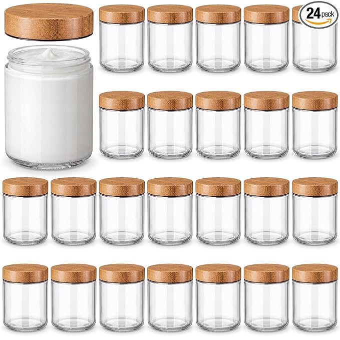 Norme 24 Pcs 8oz Glass Jars with Lids Empty Small Glass Containers and Inner Liners Reusable Cosmetic Jars Round Airtight Bottles with Plastic Wood Grain Lids for Travel