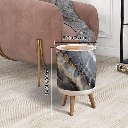Trash Can with Lid White Yellow Patterned Detail Structure Gray Marble Texture Press Top Round Small Garbage Bin with Wooden Legs Waste Basket for Kitchen Bedroom Nursery 7L/1.8 Gallon