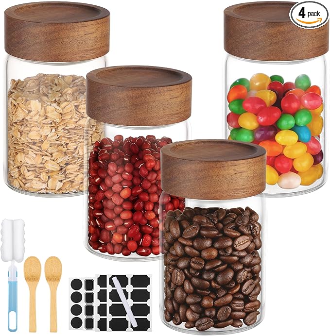 Glass Jar with Airtight Lid, 4 Pack 7oz Glass Canister with Wood Lids, Kitchen Food Storage Containers, Wooden Screw Top Glass Coffee Jars for Sugar, Tea, Oatmeal, Candy, Seasoning, Beans, Salad