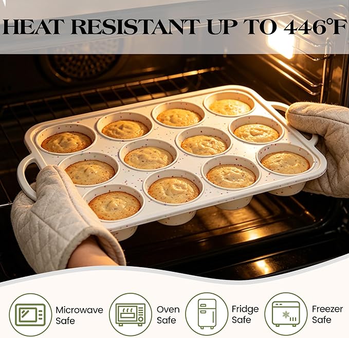 Regular 12 Cup and Mini 24 Cup Nonstick Cupcake Pan Set Silicone Muffin Pan for Baking Silicone Cupcake Mold with Metal Reinforced Frame BPA Free (2 Pcs, Cream)