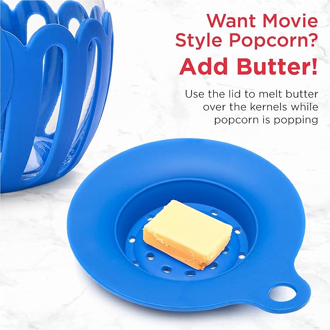 Ecolution Patented Micro-Pop Microwave Popcorn Popper with Temperature Safe Glass,3-in-1 Lid Measures Kernels and Melts Butter,Made Without BPA,Dishwasher Safe,1.5-Quart,Blue,(Pack of 4)