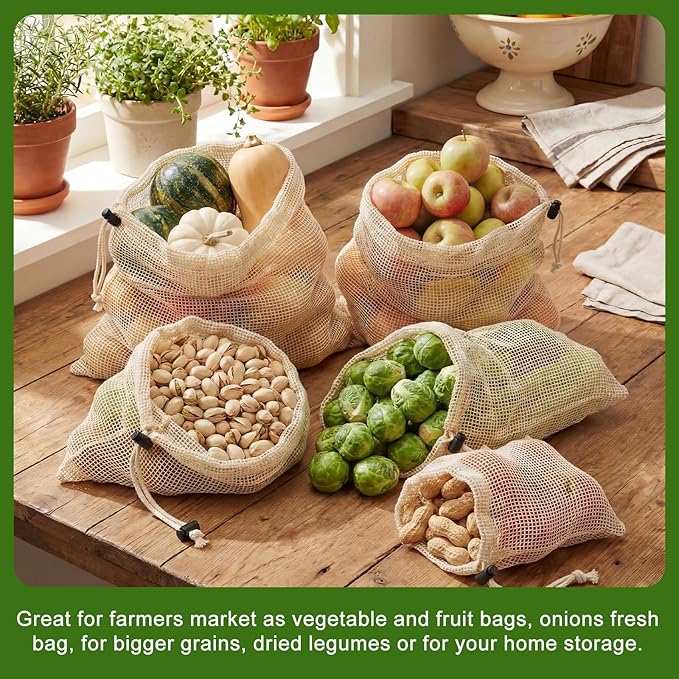 10 Pcs 17 x 14 in Reusable Produce Bags Grocery Washable, Cotton Mesh Produce Bags Plastic Free, Drawstring Closure, Double-stitched Organic Cotton Mesh Grocery Bag for Vegetables Fruit Onions