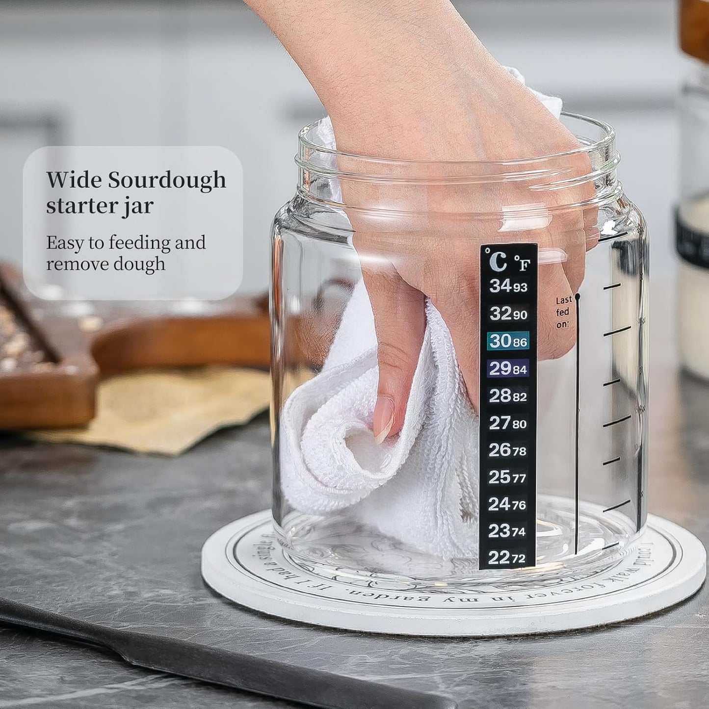 Wissy&Konny Sourdough Starter Jar，Wood Sealed Lid with Automatic Exhaust,35OZ with Ounce Scale Line,Date Marked Feeding Band, Thermometer, Sourdough Jar Scraper,Wide Mouth for Sourdough Bread Baking