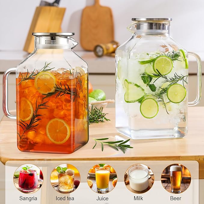 2 Pack 1 Gallon Square Glass Pitcher with Lid and Spout, Borosilicate Glass Carafe for Hot/Cold Drink, Water Pitchers with Handle for Fridge, Extra Large Jug for Iced Tea, Coffee, Juice, Beverage