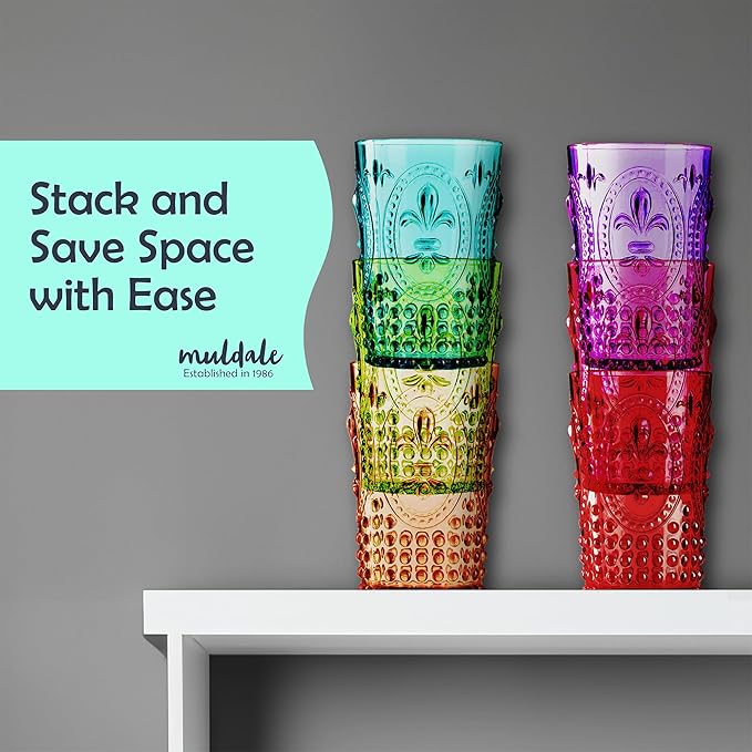 Muldale Vintage Plastic Drinking Glasses Set of 6 - Colored Acrylic Party Highball Tumblers 13.5oz - Boho Stackable Unbreakable Pool Glasses for Adults - BPA Free