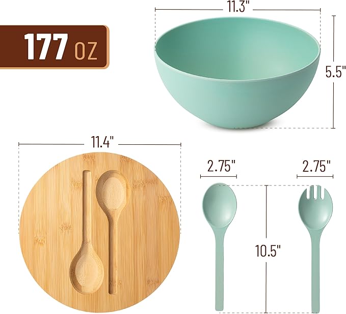 BAMBOO LAND- Extra Large Salad Bowl with Wooden Lid, 11.4 Inch/177 Oz, Mint Green, Bamboo Fiber Salad Bowl with Serving Utensils, Wide Applications