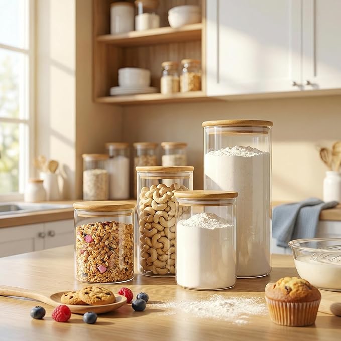 HomArtist Large Glass Flour and Sugar Containers 180oz x2 [Set of 2], Glass Food Storage Containers with Bamboo Lids, Glass Jar with Airtight Lids for Spaghetti Pasta,Rice,Cereal,Candy,Coffee, Oat