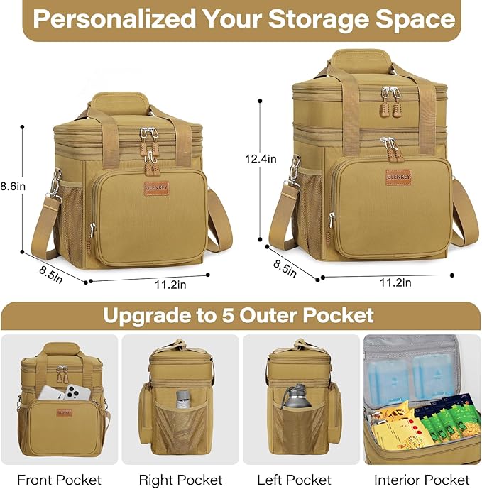 Expandable Large Lunch Box, Insulated Heavy Duty Lunch Bag Waterproof Leakproof Durable Cooler Bag for Men Women Adults Work Construction Camping Trip, 16L, Brown