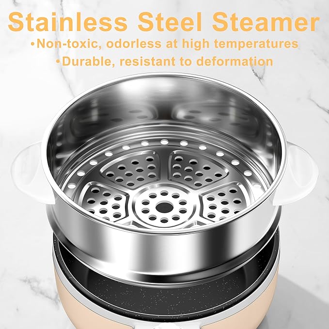 Dezin Hot Pot Electric with Steamer Upgraded, Non-Stick Sauté Pan, Rapid Noodles Electric Pot, 1.5L Mini Pot for Steak, Egg, Fried Rice, Ramen, Oatmeal, Soup with Power Adjustment