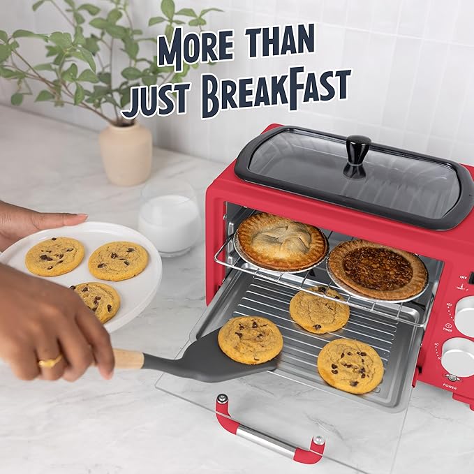 Nostalgia 3-in-1 Retro Breakfast Station - Includes 5 Cup Coffee Maker, Non-Stick Ceramic Griddle, and 4-Slice Toaster Oven - Built-In Timer, Reusable Coffee Filter, Space-Saving Design - Red