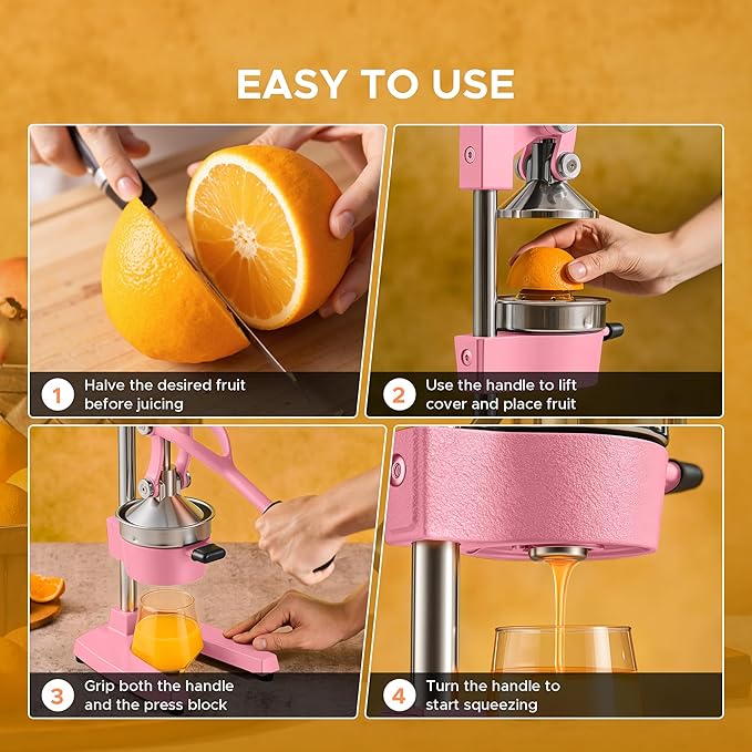 CO-Z Manual Citrus Juicer, Heavy-Duty Manual Juicer with Conical & Flat Pressure Plates, Professional Lemon Squeezer for Orange Pom Lime Lemon Juice, Dishwasher Safe Juice Press, Pink