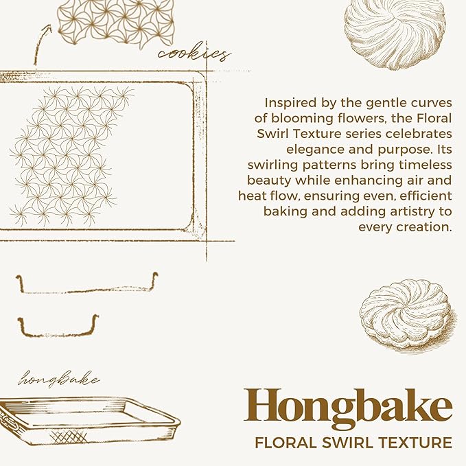 HONGBAKE Nonstick Baking Sheet Pan Set of 3, Cookie Sheets for Oven, Non-Toxic Half/Quarter/Jelly Roll Pans with Floral Swirl Texture, Heavy Duty 0.8mm Thick Oven Trays for Cooking, Antique Gold