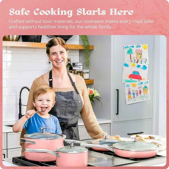 Premium Non-Toxic Ceramic Cookware Set – Triple-Layer Nonstick 12 Piece Pots and Pans with Lids, PFAS-Free, Oven Safe for Healthy Meals, Space-Saving Design, Coral Pink Color | Greater Goods