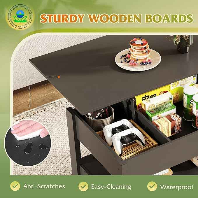 WLIVE Coffee Table, Lift Top Coffee Table with 2 Drawers, Large Hidden Compartment and Open Storage Shelf, Lift Tabletop, Dining Table for Living Room, Black