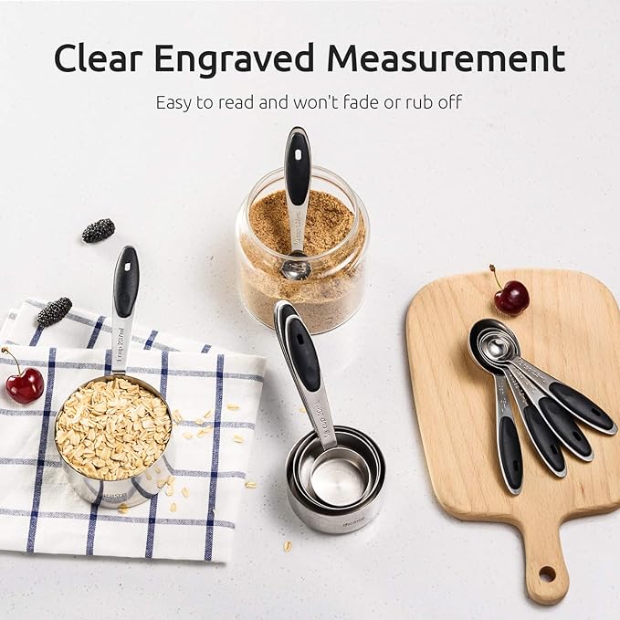U-Taste 10 Piece Measuring Cups and Spoons Set in 18/8 Stainless Steel, and 18/8 Stainless Steel 3.9 inch 30 Mesh Strainer (Black)
