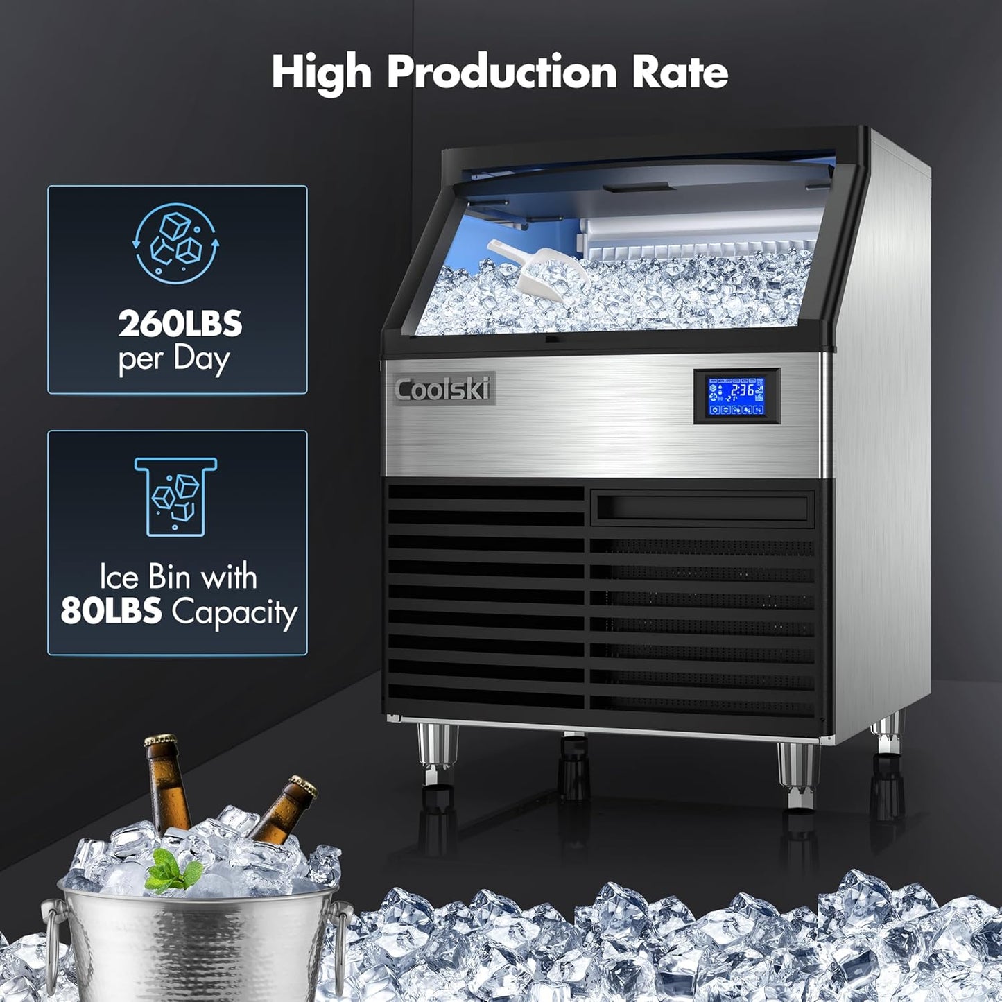 Commercial Ice Maker Machine 260LBS/24H, 26’’ Under Counter Ice Machine with Storage Bin, ETL Approved Ice Maker for Restaurant/Bar/Home, Air Cooled/Clear Ice Cubes/Stainless Steel