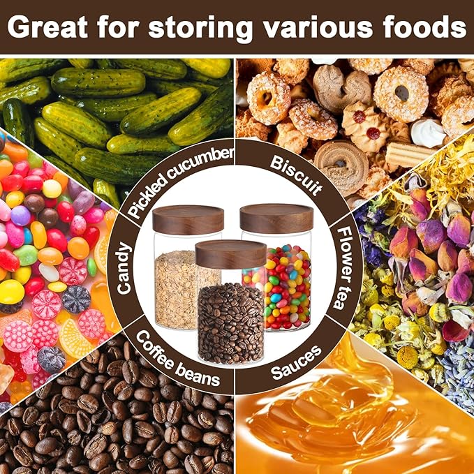 Glass Jar with Wood Lid, 4 Pack 29oz Glass Jars with Airtight Screw Lids, Wide Mouth Coffee and Sugar Containers, Clear Food Storage Canister for Flour, Tea, Oatmeal, Seasoning, Cookie, Candy