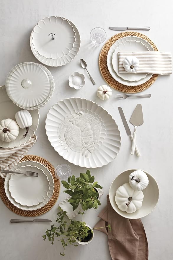 Lenox Serveware, Lenox French Perle Carved Turkey Platter, Scalloped, Oval, 18-Inch, Stoneware, Dishwasher Safe, Turkey Platter for Thanksgiving, Winter Hosting, Christmas Serving (White, 1 Piece)