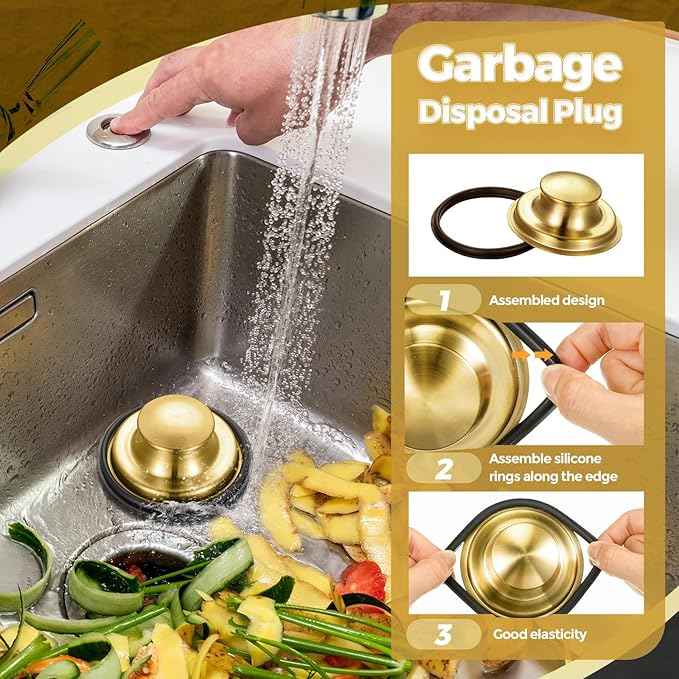 Mudder 3 Pcs Kitchen Sink Drain Strainer and Stopper Stainless Steel Garbage Disposal Plug with Handle Universal Anti-Clogging Kitchen Sink Filter Sieve Basket Strainer(Antique Gold)