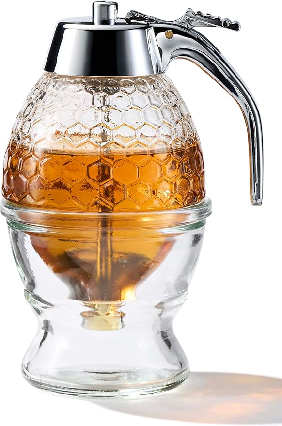 PAULSWAY Stainless Steel Shaft, Glass Honey Dispenser, Sleek Silver ABS Lid – No Drip Glass with Stand – 8 oz Honey Jar – Honeycomb Design Container – Honey Pot for Honey, Maple Syrup