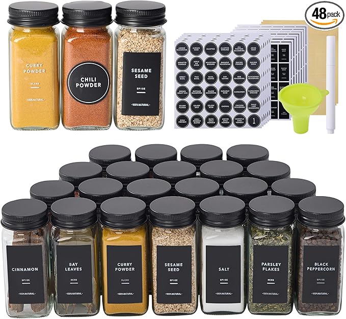 48 Glass Spice Jars with 576 Labels-Spice Jars with Black Metal Caps, 4oz Empty Square Spice Containers with Shaker Lids, Funnel, Pen, Seasoning Bottles for Spice Rack, Drawer, Cabinet