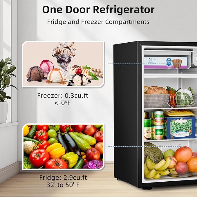 Antarctic Star 3.2 Cu.Ft.Compact Refrigerator with Freezer, Mini Fridge Single Door with Adjustable Thermostat,Removable Glass Shelves for Apartment,Dorm,Office,Kitchen，BLACK