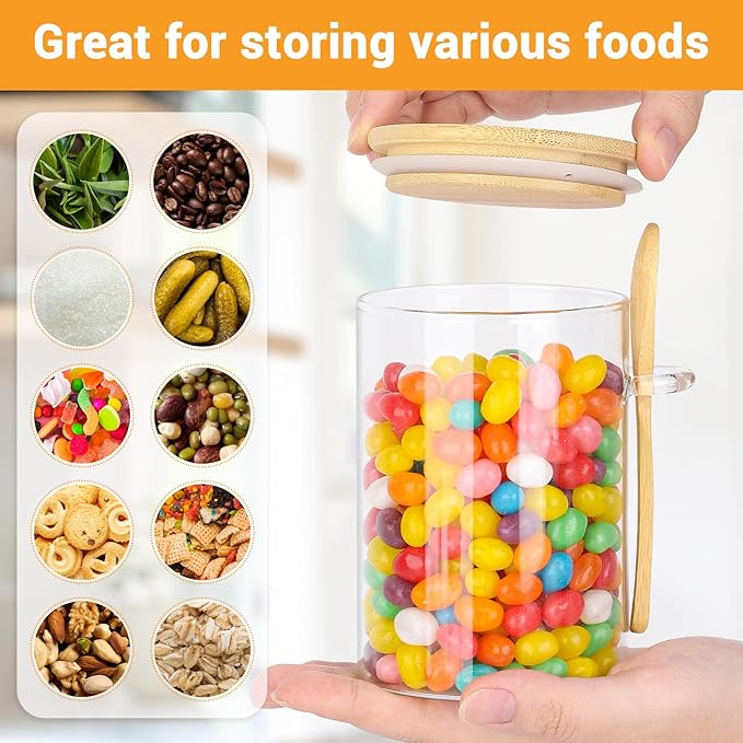 Glass Containers with Bamboo Lids and Spoon - 2 Pack 18 Fl.oz Glass Jar with Airtight Lids Set, Includes Labels and Marker, Pantry Storage Jars for Tea, Sugar, Coffee Bean, Cookie, Salad, Nuts