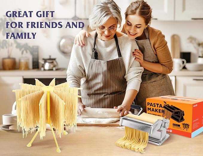 Pasta Maker Machine Set with Pasta Drying Rack Noodle Maker Machine 9 Adjustable Thickness Settings, Gifts for Her 2-in-1 Rollers & Cutter for Spaghetti, Fettuccine, Lasagna & More